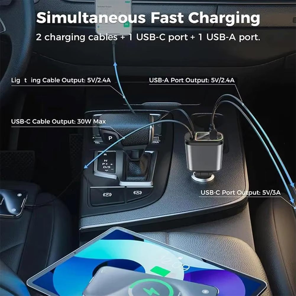 4 in 1 Retractable Car Charger Starlight in Car Roof 100W USB Type C Ports Super Fast Car Phone Charger Car Adapter for Iphone