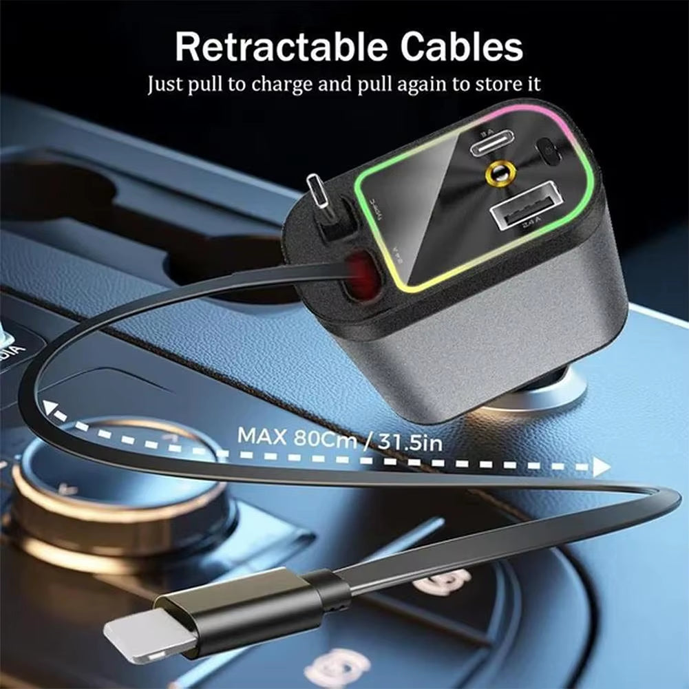 4 in 1 Retractable Car Charger Starlight in Car Roof 100W USB Type C Ports Super Fast Car Phone Charger Car Adapter for Iphone