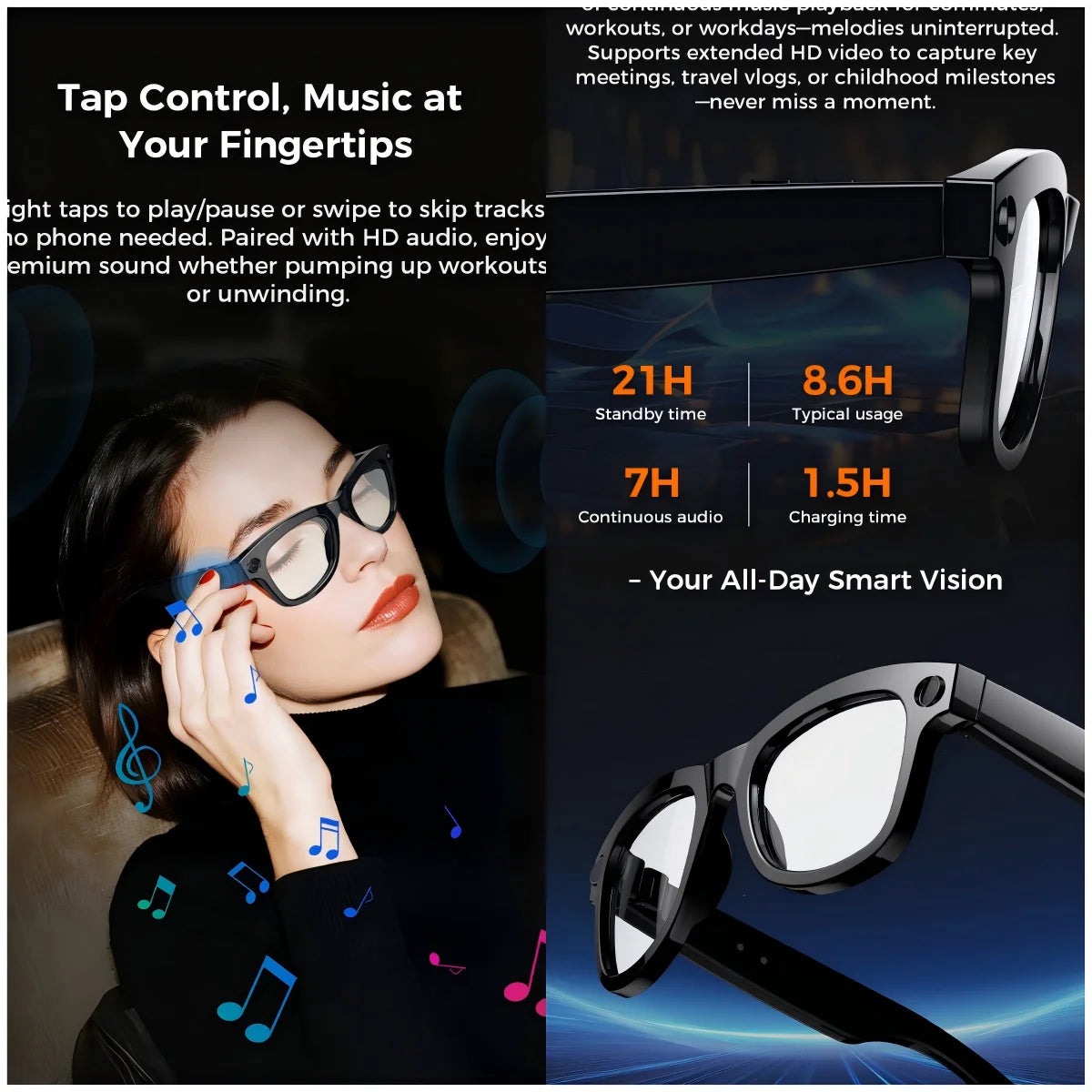 Ai Smart Glasses with 800W Pixel Sony Camera for HD1080P Photography Video Sound Record Calls Chatgpt Translation Sunglasses