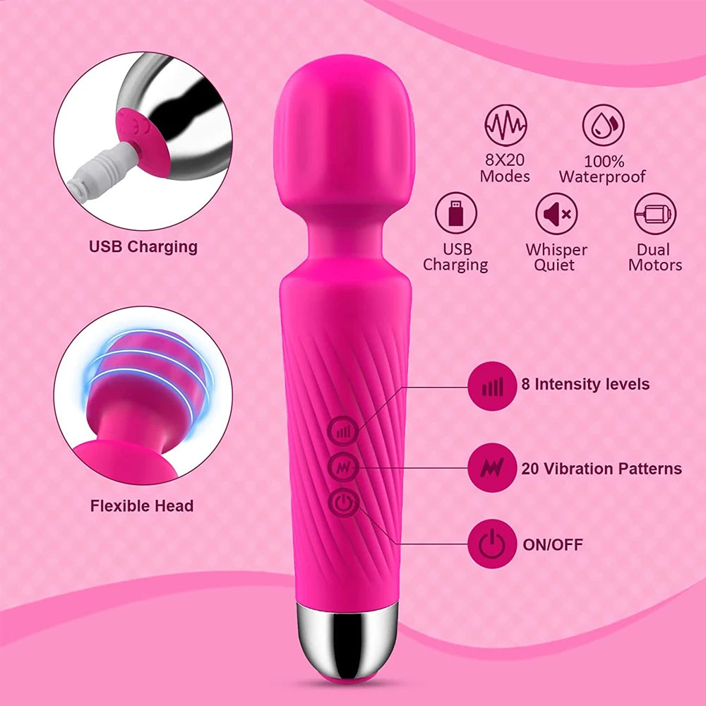 Cordless Wand Massager 8 Speeds & 20 Modes Handheld Personal Neck Shoulder Massager for Muscle Tension Stress Relief Health Care
