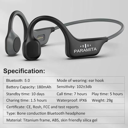 PARAMITA Real Bone Conduction Headphones Bluetooth Wireless Earphones Waterproof Sports Headset with Mic for Workouts Running