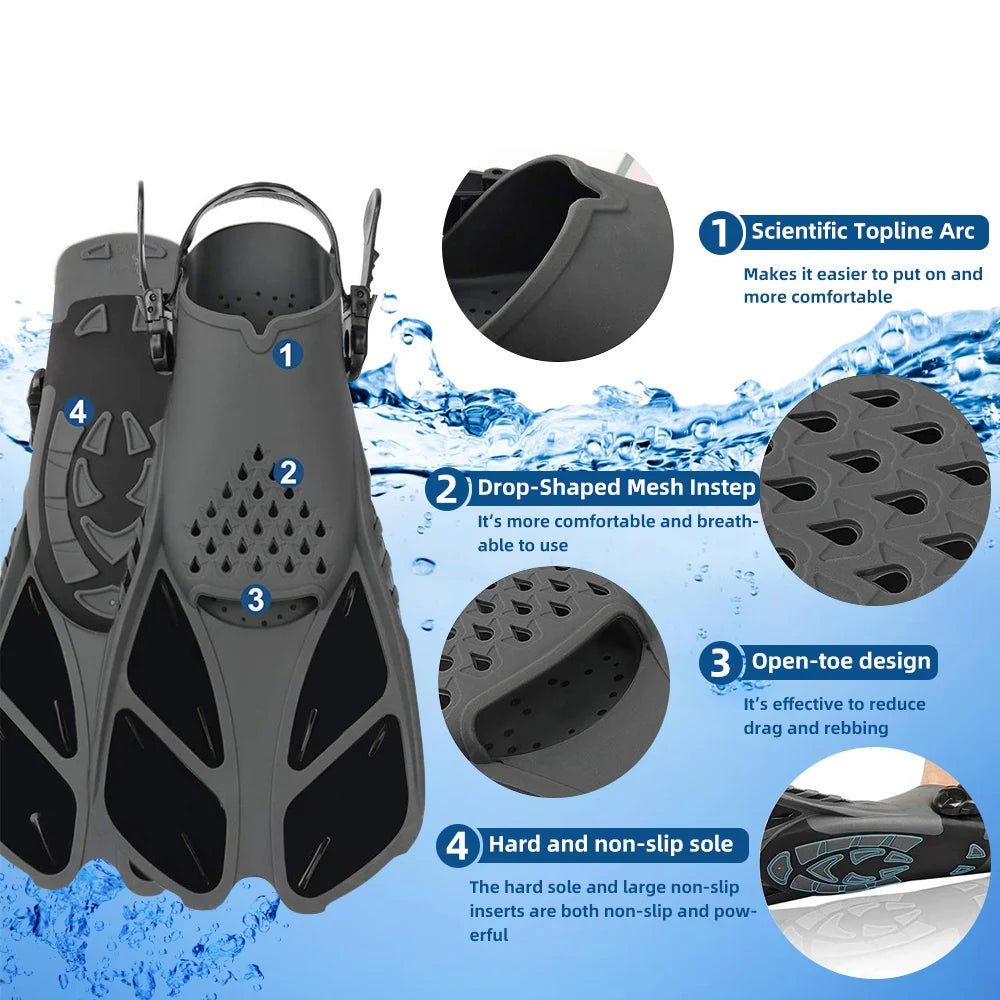 Professional Snorkeling Foot Diving Fins Adjustable Adult Kids Swimming Comfort Fins Flippers Swimming Equipment