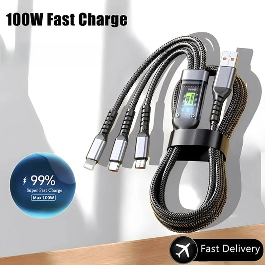 100W 3-In-1 Cables 5A Fast Charging USB to Type-C Micro Wire Data Cord for Samsung Xiaomi Iphone Quick Charge USB Type C Cable