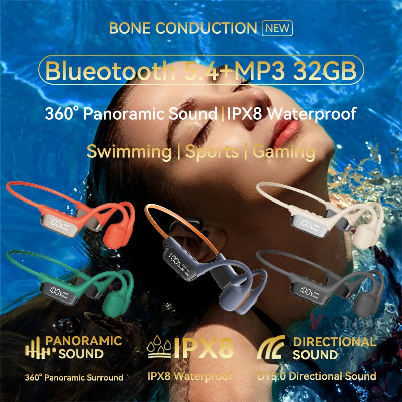 S10 Bluetooth 5.4 True Bone Conduction Headphones IPX8 Waterproof DT5.0 MP3 Built-In 32GB Memory LED Digital Display for Swiming