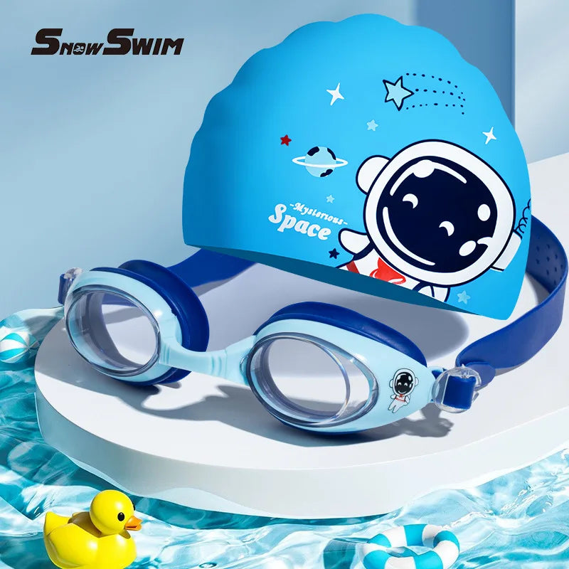 Children'S Swimming Goggles Small Frame Waterproof Anti-Fog HD Boys and Girls Swimming Glasses Swimming Cap Set Diving Equipment