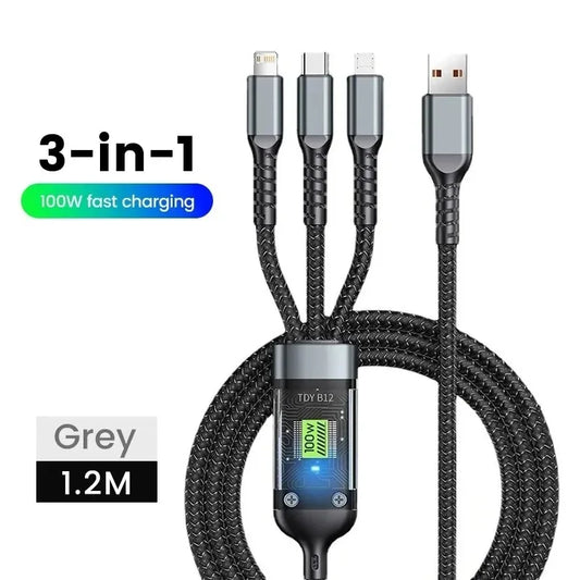 100W 3-In-1 Cables 5A Fast Charging USB to Type-C Micro Wire Data Cord for Samsung Xiaomi Iphone Quick Charge USB Type C Cable