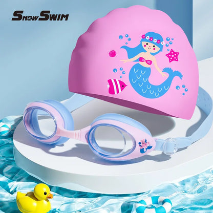 Children'S Swimming Goggles Small Frame Waterproof Anti-Fog HD Boys and Girls Swimming Glasses Swimming Cap Set Diving Equipment
