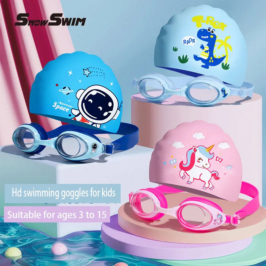 Children'S Swimming Goggles Small Frame Waterproof Anti-Fog HD Boys and Girls Swimming Glasses Swimming Cap Set Diving Equipment